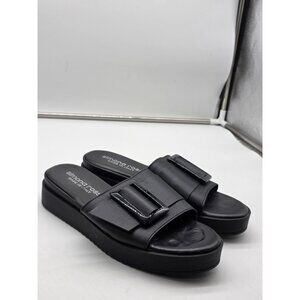 Simona Rossi Sandals Womens Size 9 Black Leather Buckle Slide Wedge Italy Shoes